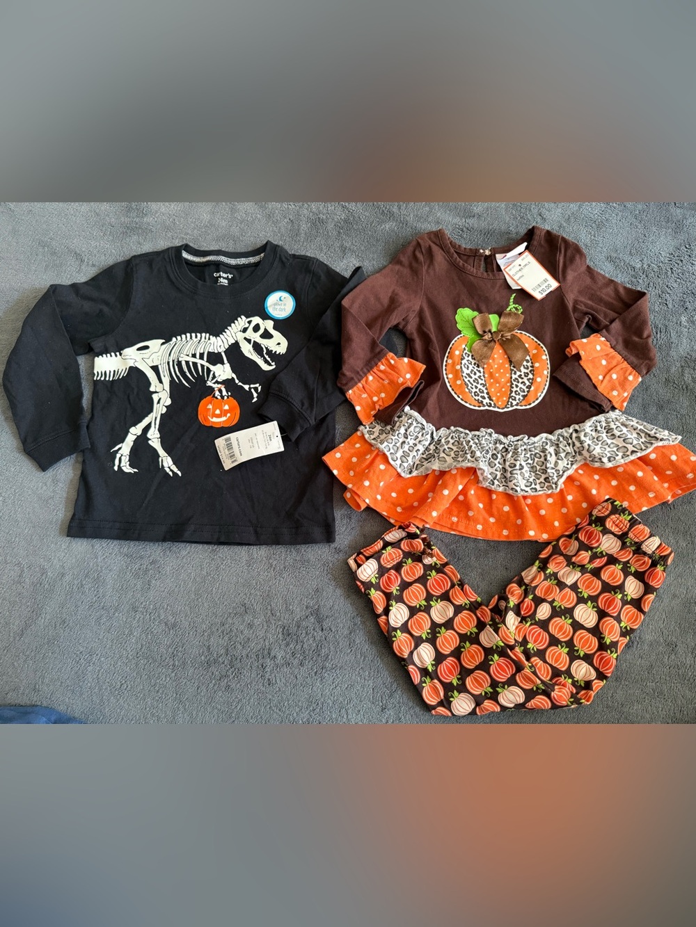 Nannette Pumpkin Ruffle Shirt with Pumpkin Print Leggings & Carters shirt
